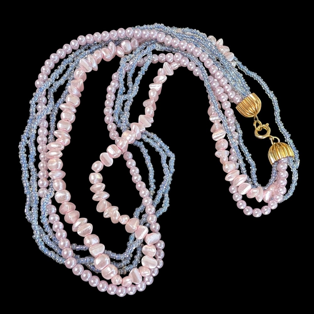 Vintage Pink Necklace Multistrand Lucite Beaded Blue Pastel Layered 18 In